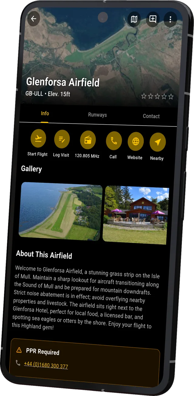 The Landaways airfield page for Glenforsa Airfield, showing quick actions, gallery, fuel and PPR