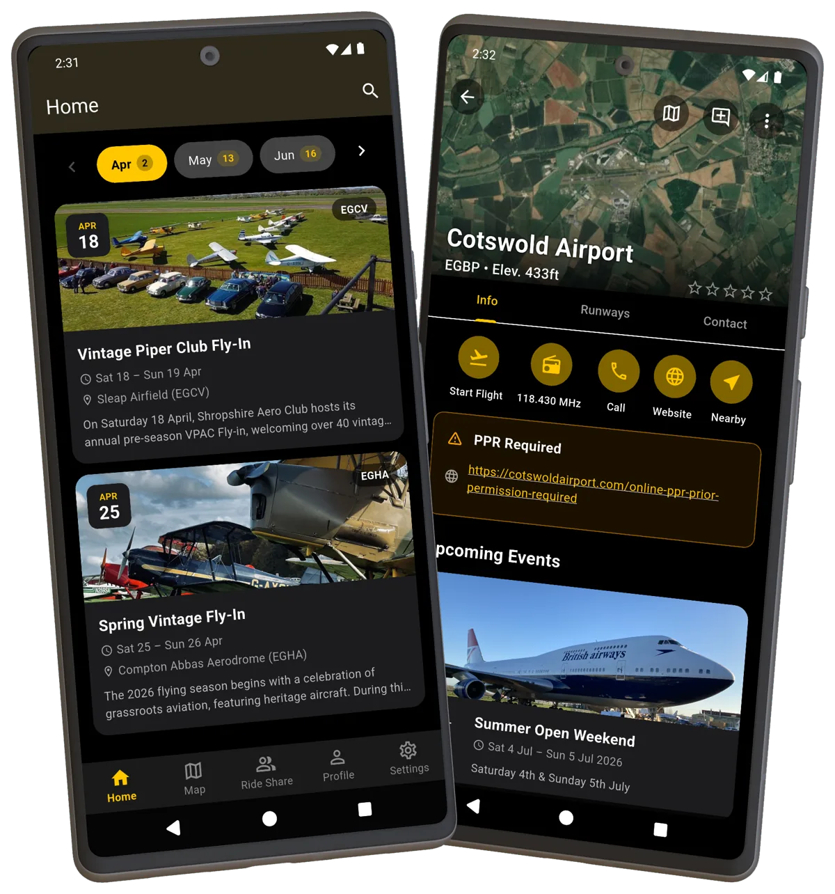 The Landaways events and fly-ins listings beside an airfield page with upcoming events